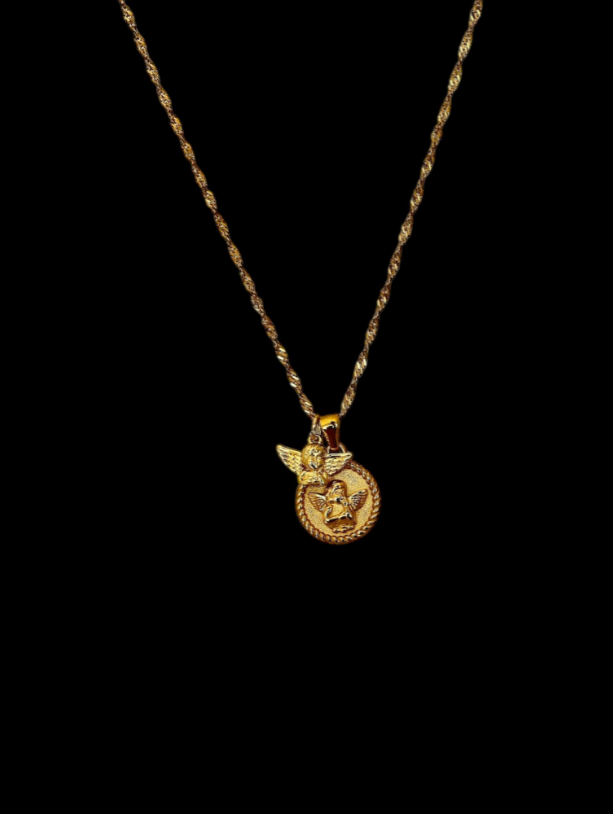 Gold Angel Pendant Necklace (Double Charm)