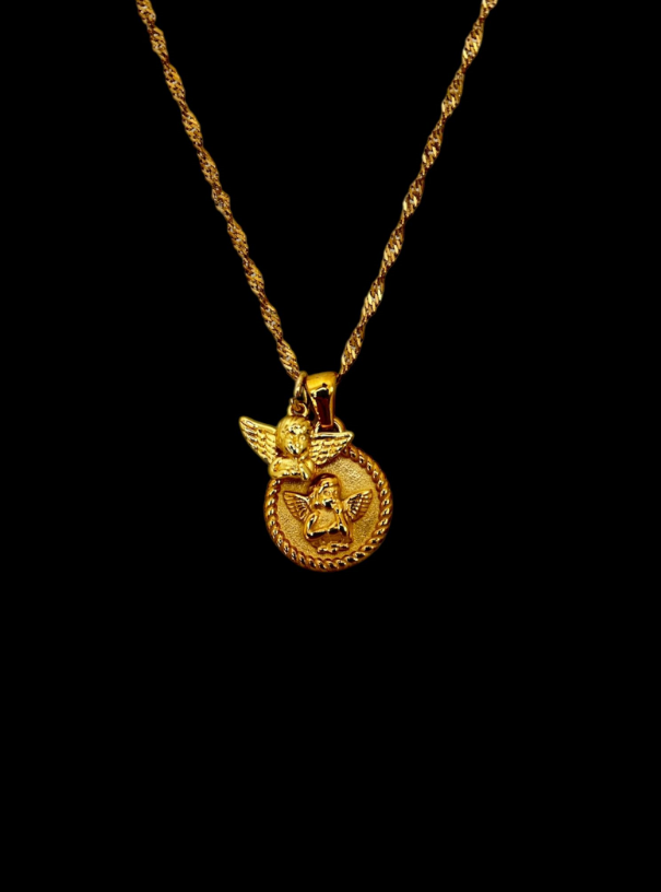 Gold Angel Pendant Necklace (Double Charm)